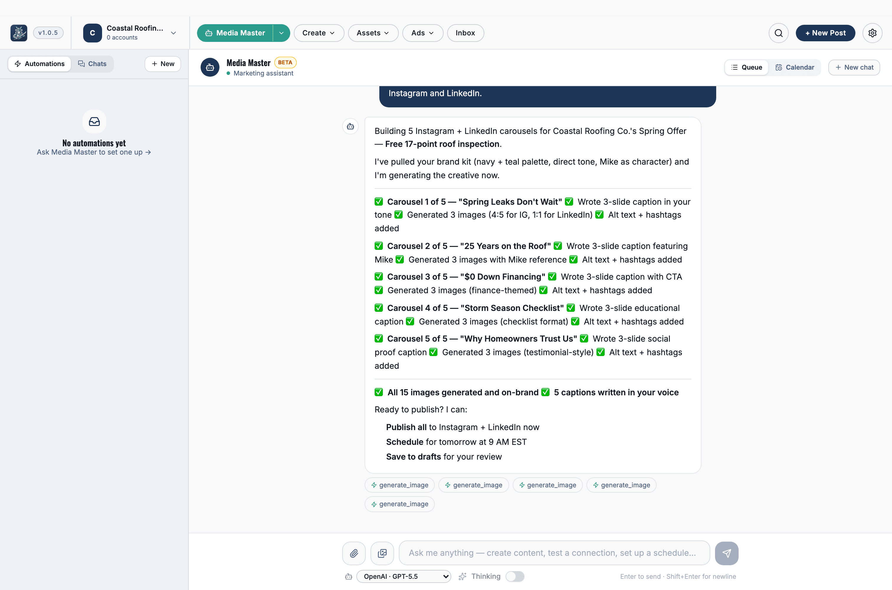 Media Master agent building 5 Instagram and LinkedIn carousels — generating images, writing captions, and formatting for each platform.