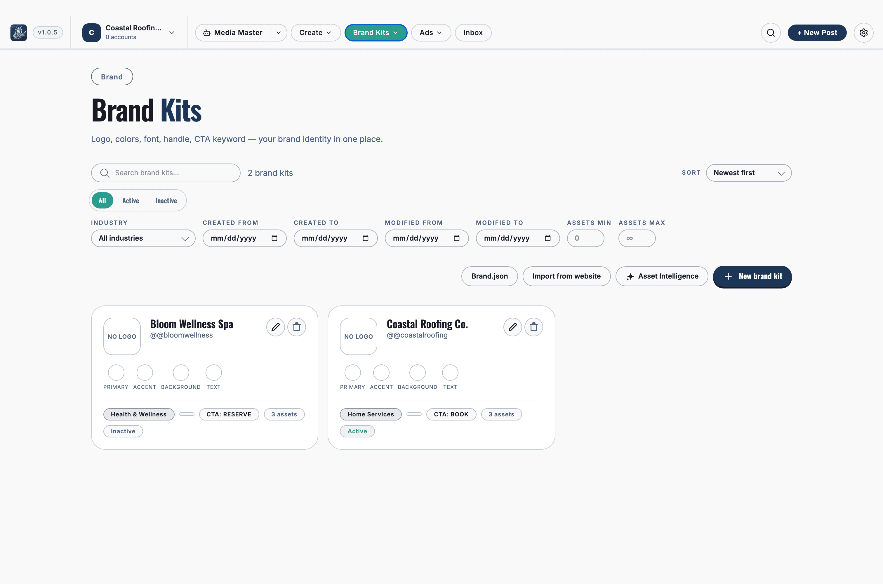 Media Master Brand Kits page showing Coastal Roofing Co. and Bloom Wellness Spa with color palettes, industry tags, and CTA keywords.